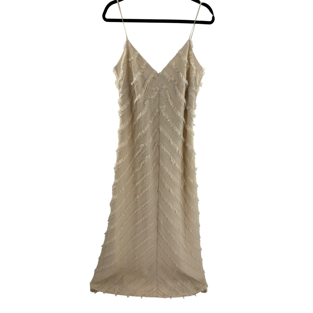 H&M EDITION Beige Fringe Slip Dress Midi V Neck Spaghetti Straps Women's M